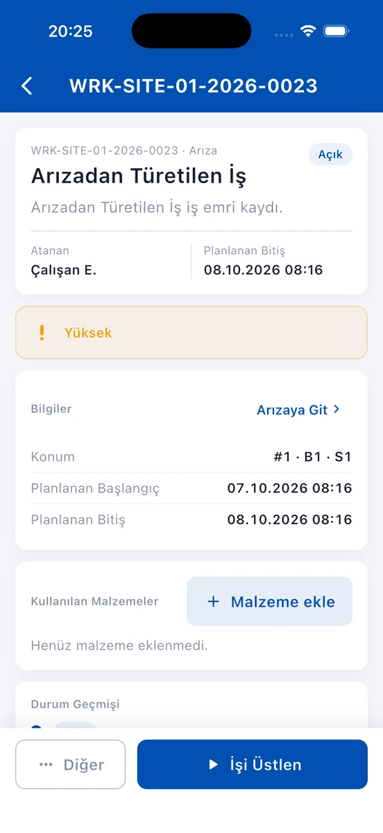 شاشة أمر العمل على الجوال الميداني في برنامج إدارة المجمعات السكنية